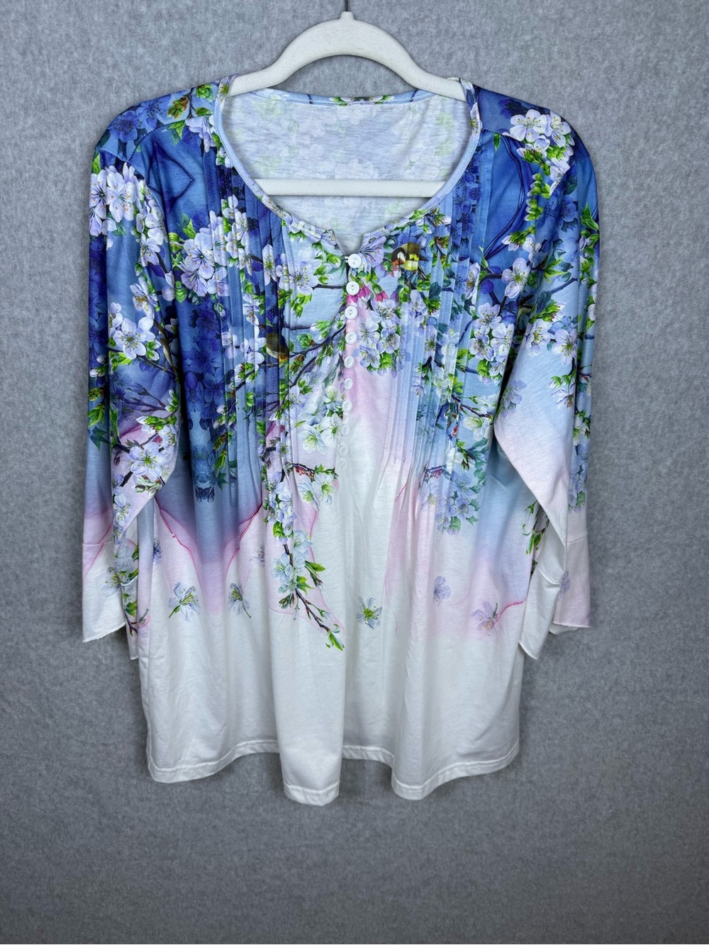 Floral Bird Print Boho Blouse Women’s 3X Blue White Pink Pleated 3/4 Sleeve Top